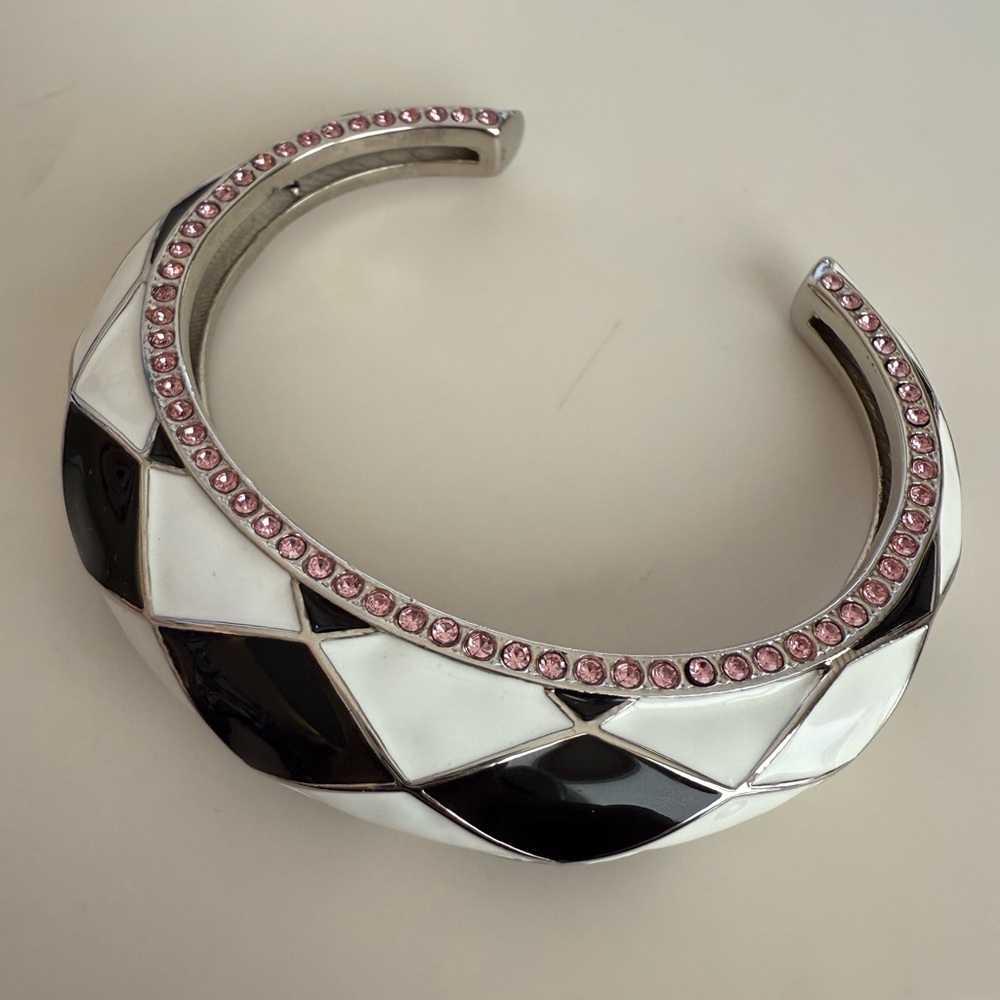 NWT Auth Balmain black/white diamond checkered bracelet with pink rhinestones.